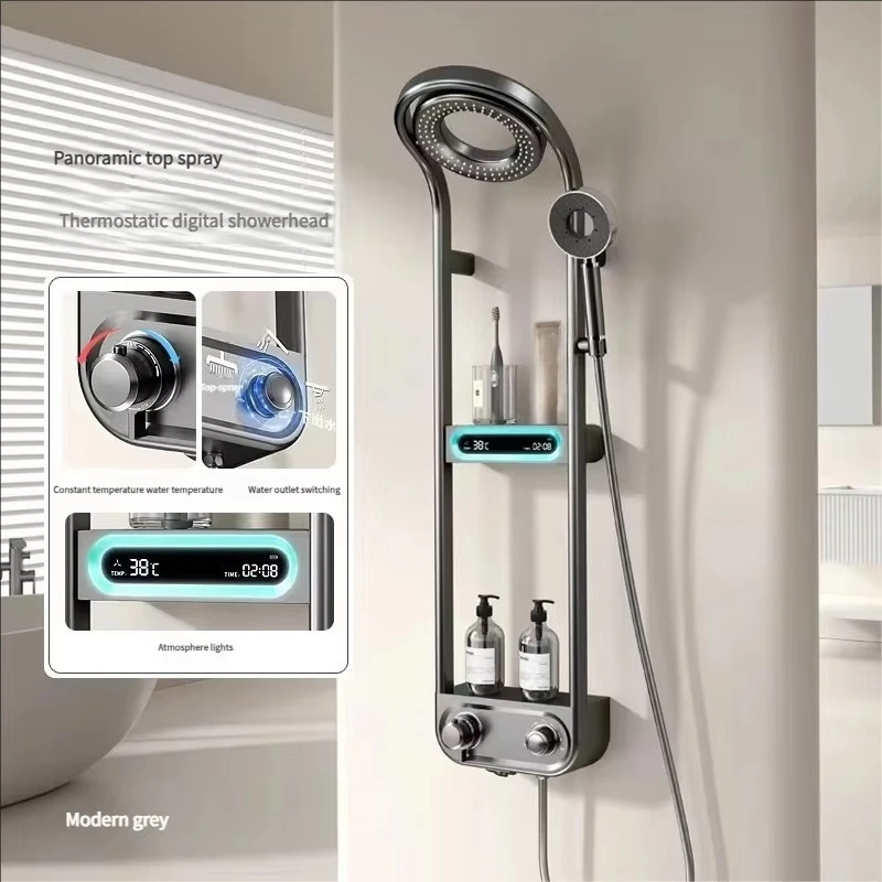 Ensemble de douche intelligent tout en cuivre, affichage numérique blanc, petit panier chromé poli, rehausseur de vent doux, Internet à température constante