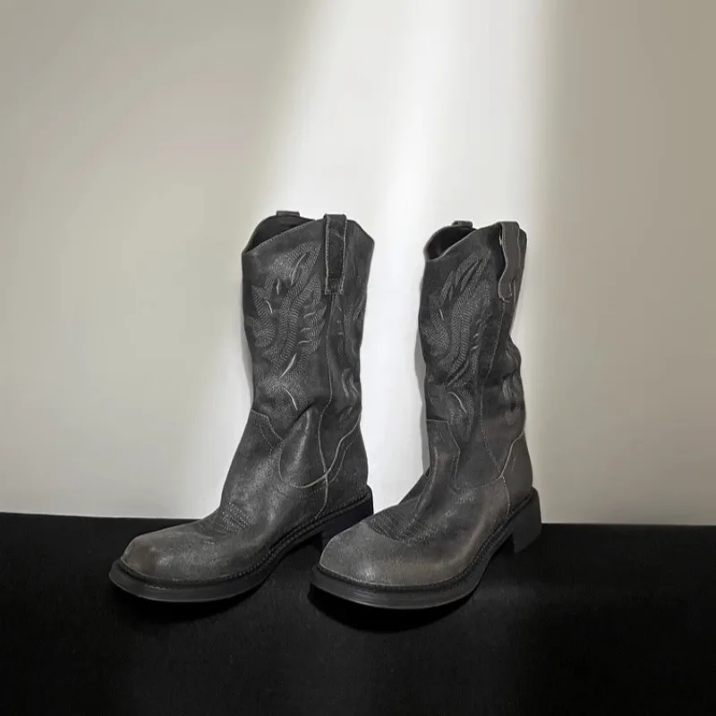 

Ковбойские сапоги ручной работы из натуральной кожи до середины икры с вышивкой в стиле вестерн, женские высокие повседневные рыцарские сапоги без шнуровки, женская обувь