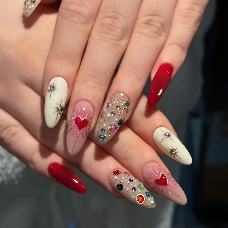 

24PCS Red Valentine Almond False Nail for Women Sparkling Golden Star Heart Colorful Rhinestone French Sweet Press on Fake Nails