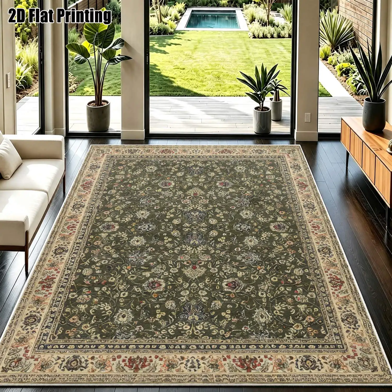 1Pc 2D Printed Velvet Carpet: Dark Green Floral Base, European Vintage Bohemian Geometric, Multi-Size Home Decor, Machine Washable, for Entrance/Dining/Foyer/Bedroom/Living Room
