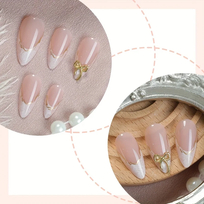 24 Pieces of White Pointed Nail Art Patches, Medium Almond Shaped Gradient Nail Stickers, with Gold 3D Bow for Wearing Nail image 2