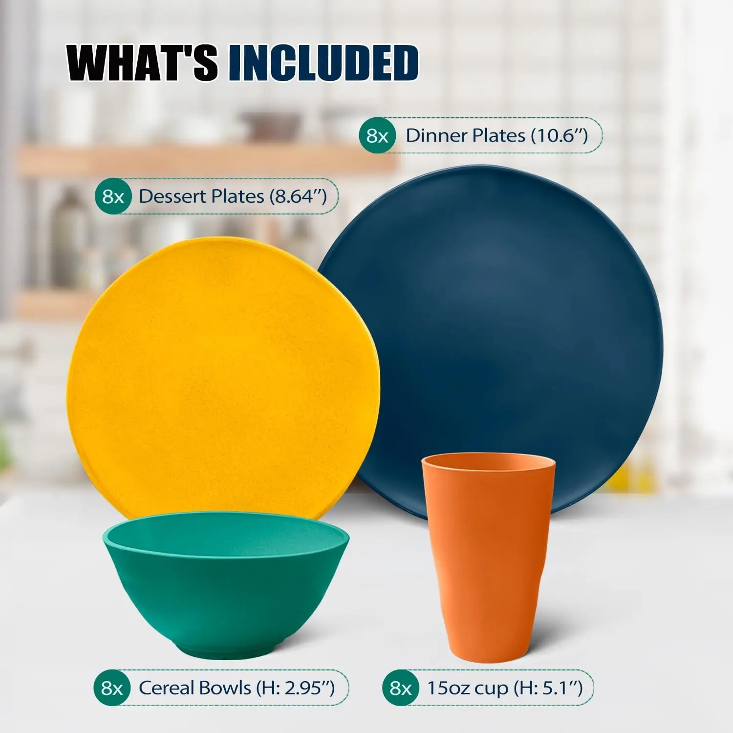 طقم أواني طعام بلاستيكية من قش القمح مكون من 32 قطعة، خدمة لـ 8 أشخاص، أطباق عشاء، طبق حلوى، أوعية حبوب، أكواب، غير قابلة للكسر