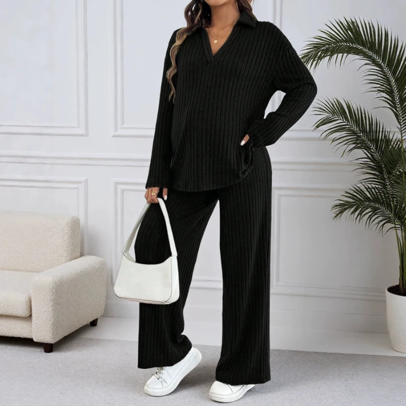 Flip Collar V-neck Knitted Maternity Suit Long Sleeved Top Wide Leg Pants Casual Outdoor Home Two-piece Set