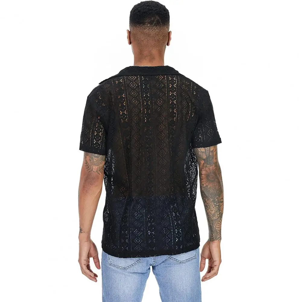 Cotton Sheer Openwork Men Shirts See-through Mesh Sexy Lace Short Sleeves Transparent T-shirt Summer Tops Solid Trendy Cardigan