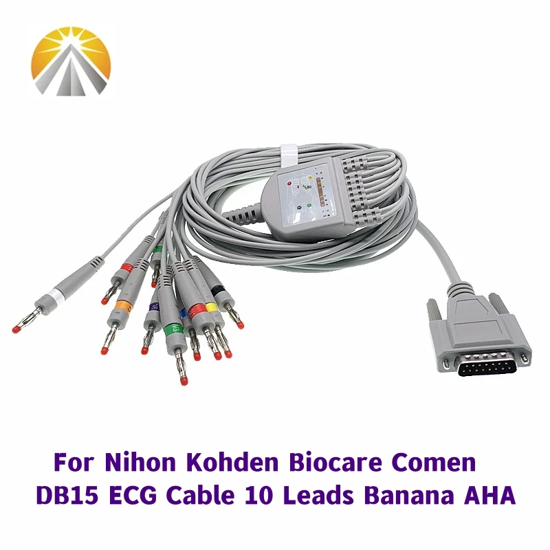 Cable ECG EKG de una pieza, 10 cables de plomo, DB, enchufe de 15 Pines, Banana 4,0, extremo AHA/IEC AAMI estándar para Nihon Kohden Biocare,