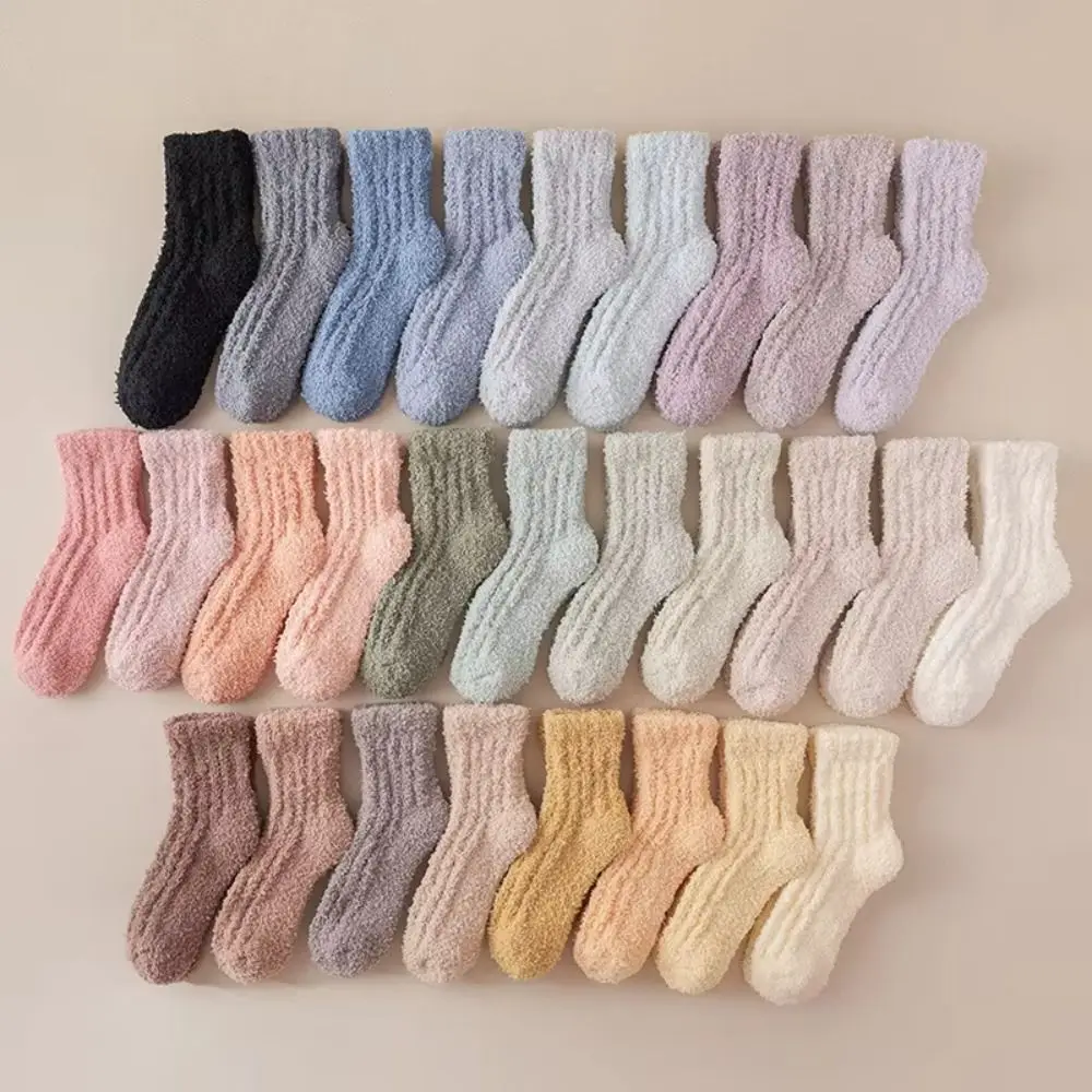 

4Pairs Kawaii Thickened Coral Fleece Socks Winter Sleeping Floor Plush Socks Hosiery Simple Mid Tube Socks Women For Female Men