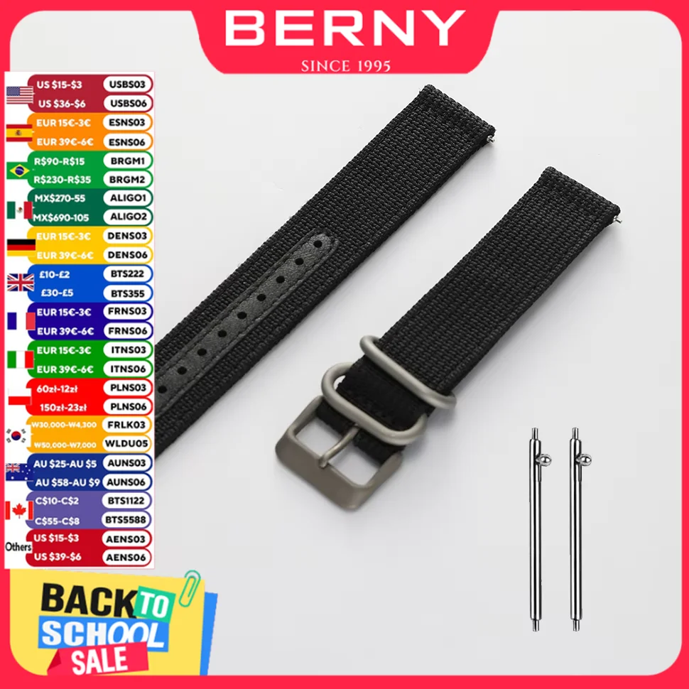 BERNY Schnellverschluss-Uhrenarmbänder aus Stoff mit Titanverschluss, wasserdichtes Armband aus Nylon und Leder, Uhrenarmband mit Titanverschluss für Herren