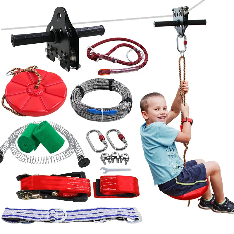 Zip Line Kit for Kids and Adults with Stainless Steel Spring Brake and Seat Trolley with Handle for Backyard