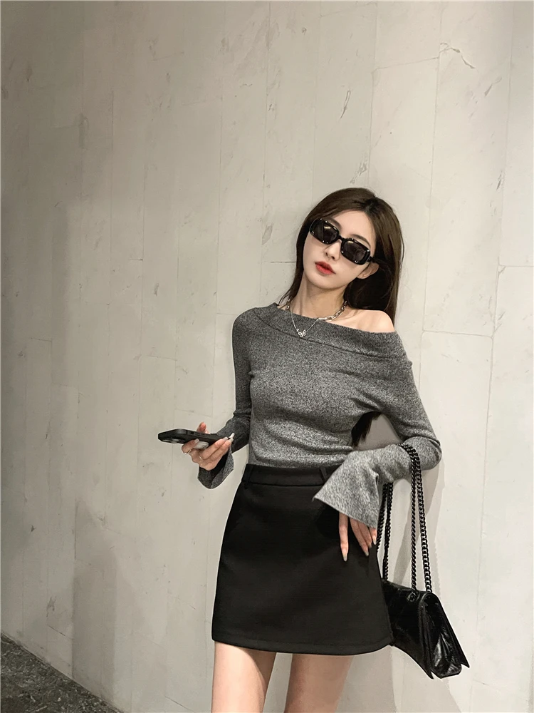 

Ele High Waist Slim Fit A-Line Skirt in Bla ey for Women Faionable Ci Commute Sexy Color Design