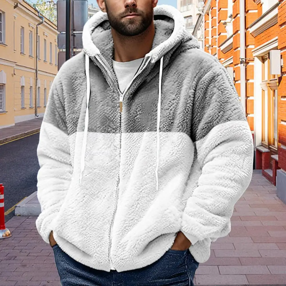 Drawstring Hooded Coat Men's Winter Fleece Hooded Coat With Drawstring Colorblock Zip-up Cardigan For Outdoor Travel Windproof