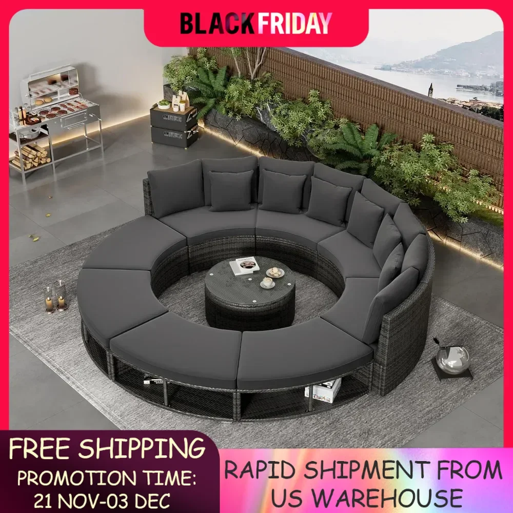 Patio Furniture Set, 9-Piece Outdoor Patio Conversation Set Luxury Circular Outdoor Sofa Wicker Sectional Sofa Lounge Set