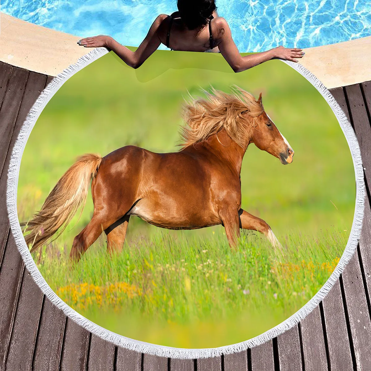 Toalla de playa redonda de caballo de animales de granja, manta de playa de caballo corriendo, chal, toalla de piscina de secado rápido absorbente de microfibra suave, esteras de Picnic