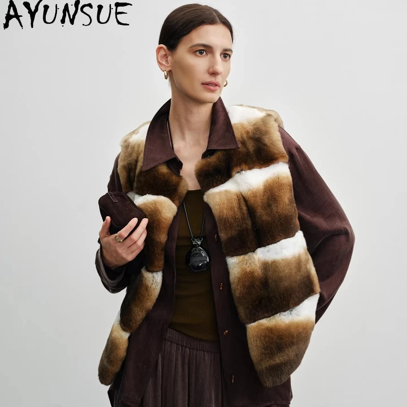 

Жилет из натурального меха кролика рекс AYUNSUE, женская зимняя теплая меховая куртка без рукавов, роскошная женская одежда, шуба женская