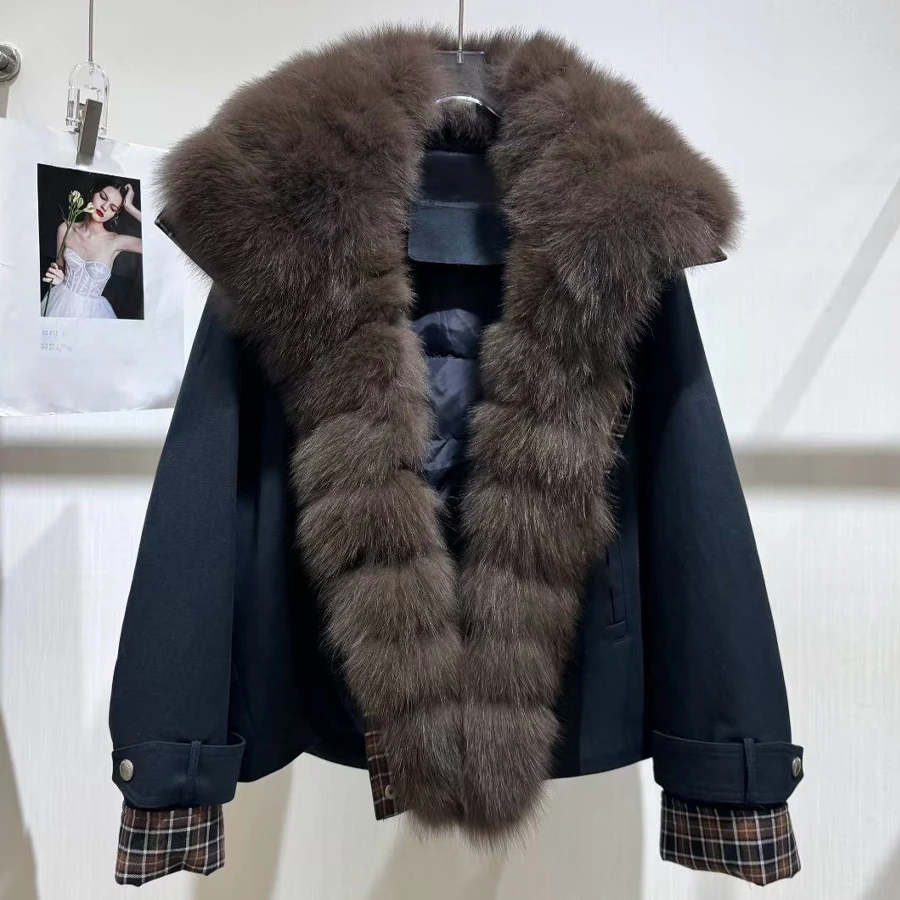 Chaqueta de plumón para mujer con cuello de piel de zorro, chaquetas de invierno cálidas de piel auténtica, abrigo corto de plumón de estilos más vendidos
