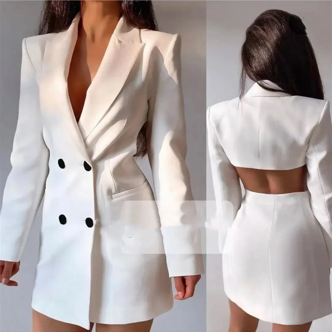 Blazer elegante para mujer, chaqueta lisa de doble botonadura, con Espalda descubierta, de manga larga, delgada, trajes de moda para oficina