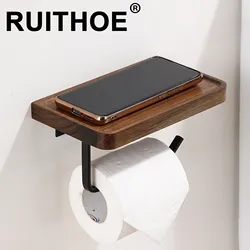 Soporte de papel higiénico con estante de madera de nogal Natural, colgador de rollo de tejido, barra de toalla de papel montada en la pared, papel de acero inoxidable 304