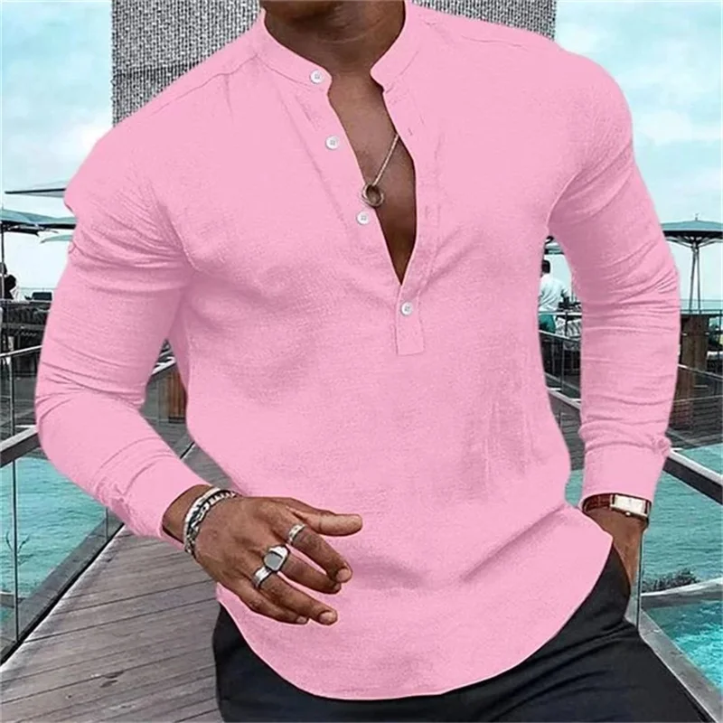 Fashionable Shirt Men\'s Henry Solid Color Half Button Stand Collar Muscular Men\'s Top Casual Soft Comfortable 2024 New Style