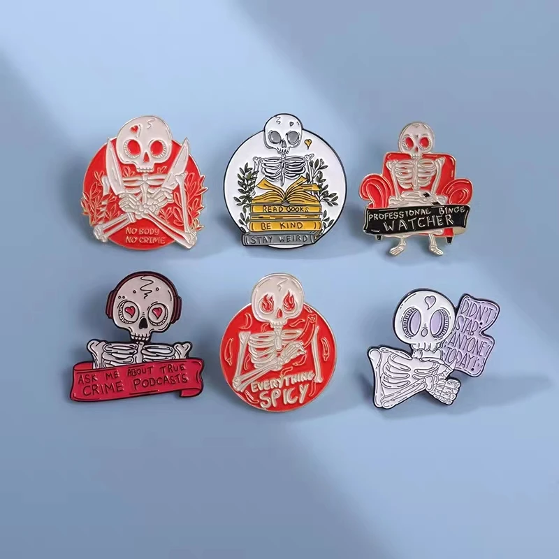 Skeleton Series Enamel Pin Read Books Be Kind Stay Weird No Body No Crime Punk Brooch Lapel Metal Badge Jewelry Gift For Friends