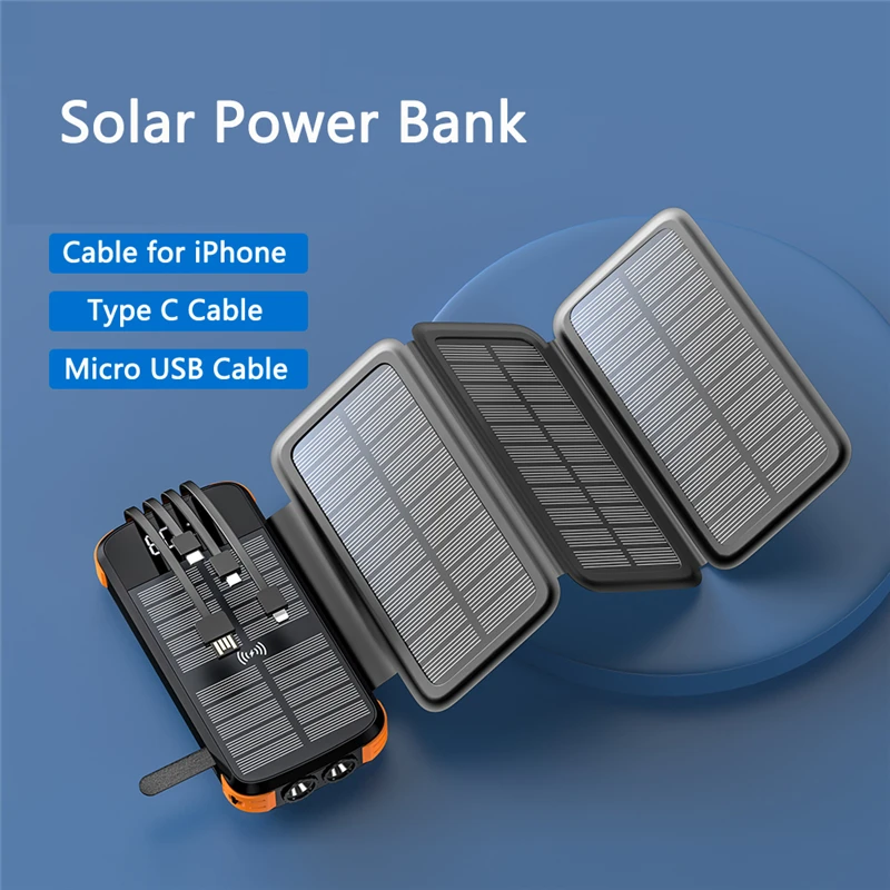 Folding Solar Power Bank 43800mAh Fast Wireless Charger Portable External Battery Charger for iPhone 15 Powerbank with LED Light