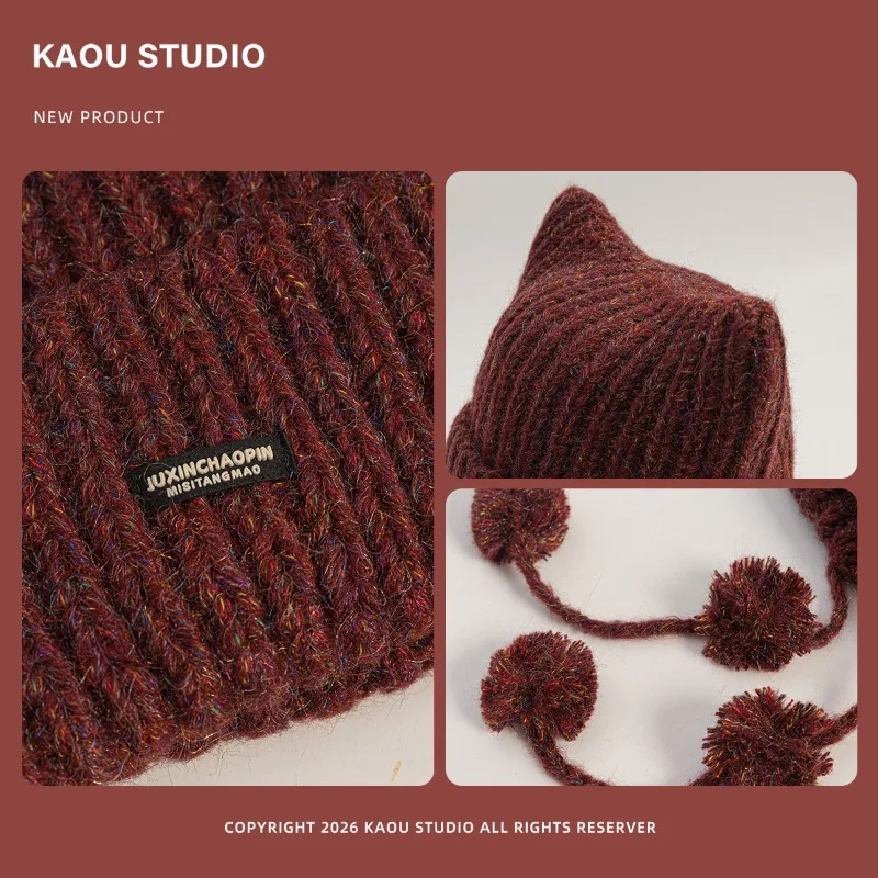 Japanische Niedliche Katzenohren-Mütze mit Haarball und Quaste, Warme Ohrenschutz-Beanie-Mütze für Damen, Herbst/Winter – Detail 9