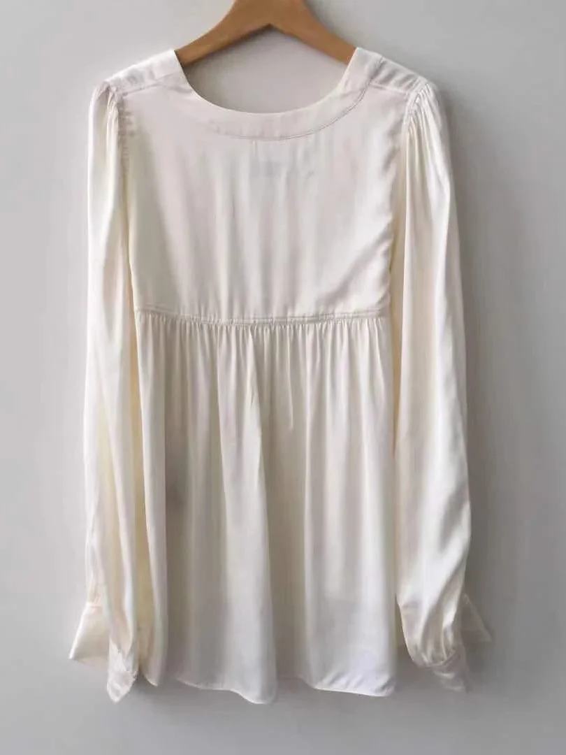 

Solid Color Women Blouse Top Pleated V-Neck Long Sleeve Loose Casual Shirt