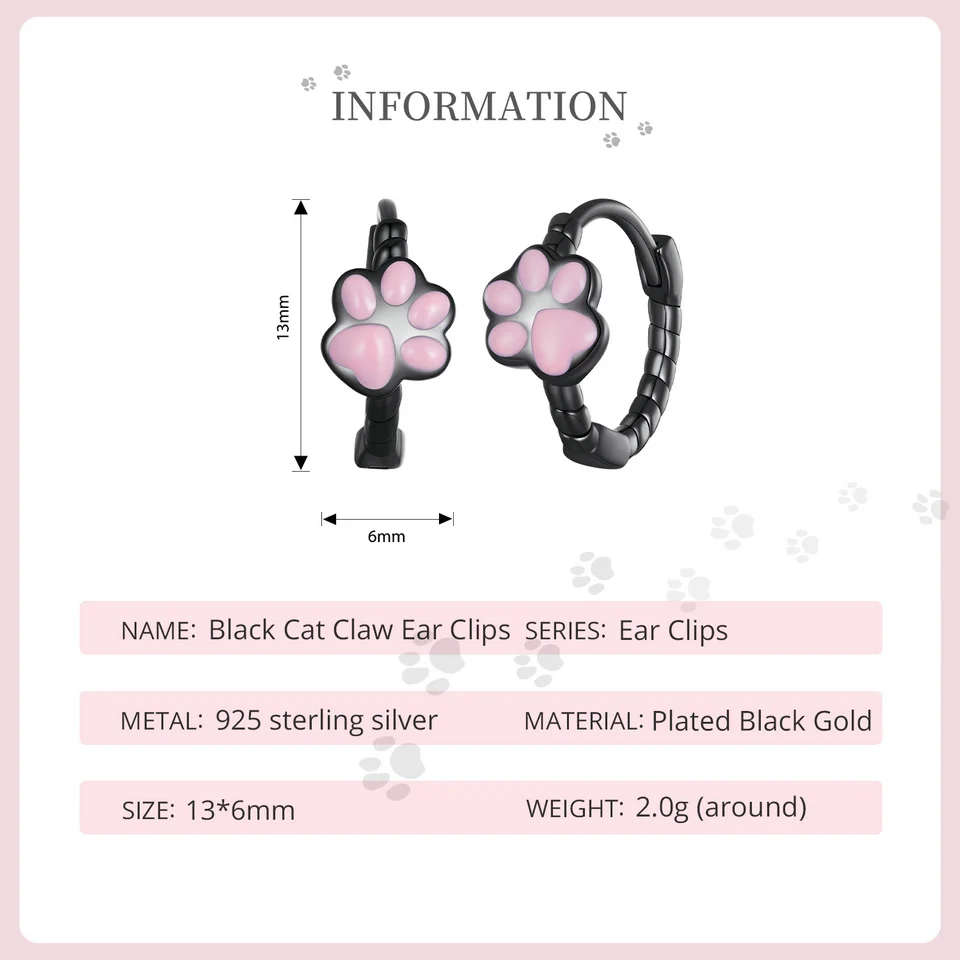 WOSTU – boucles d'oreilles en forme de griffes de chat pour femme, en argent Sterling 925, en noir, en or rose, avec animaux mignons, Clips, cadeau d'anniversaire