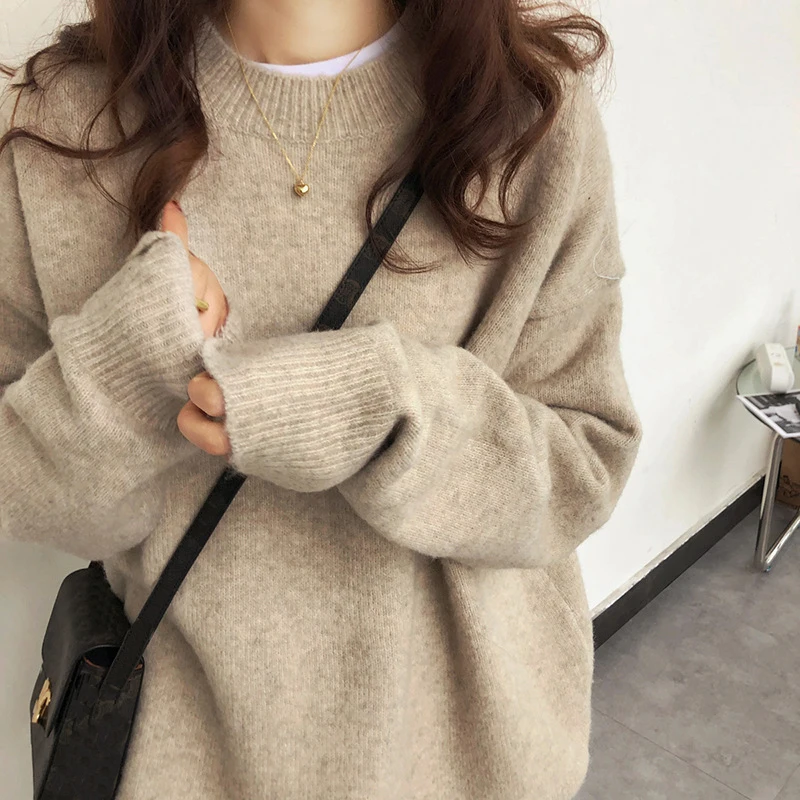 

Korean Solid Soft Lazy Pullover Sweater for Autumn and Winter New Loose O Neck Thick Knit for Sweater Women Warm Casual Pullover