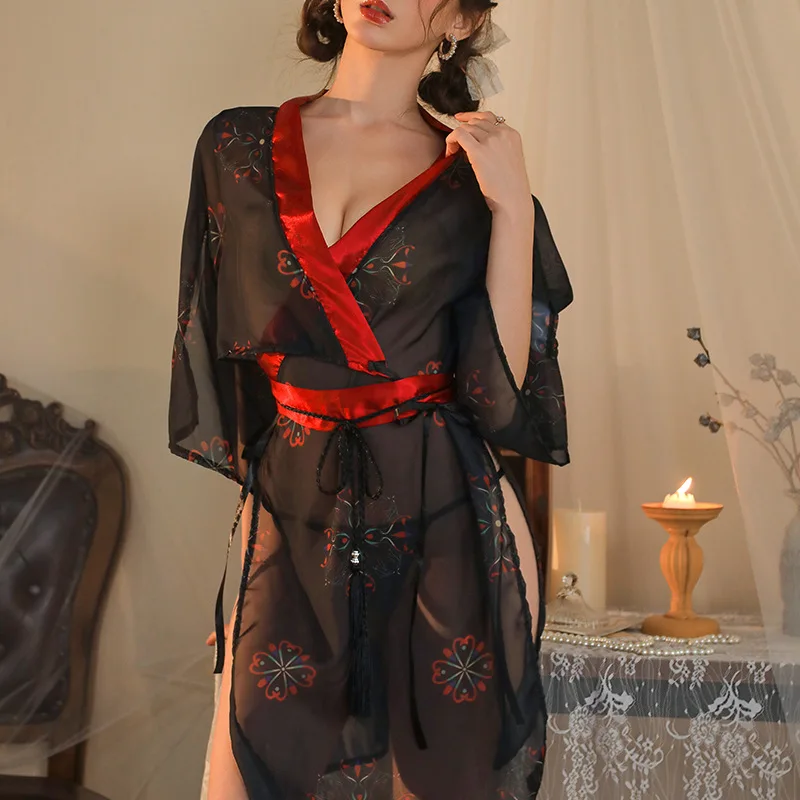 مجموعة الملابس الداخلية المثيرة للكيمونو الياباني - فستان نوم مطبوع مع حزام قابل للإزالة، بيجامة على طراز Y2K نقية وساخنة
