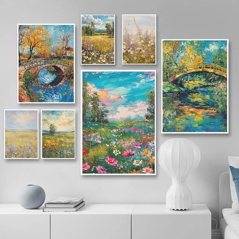 Beautiful Spring River Bridge Wildflowers Natural Landscape Art Poster Canvas  Paint Bedroom Kitchen Living Room Wall Deco