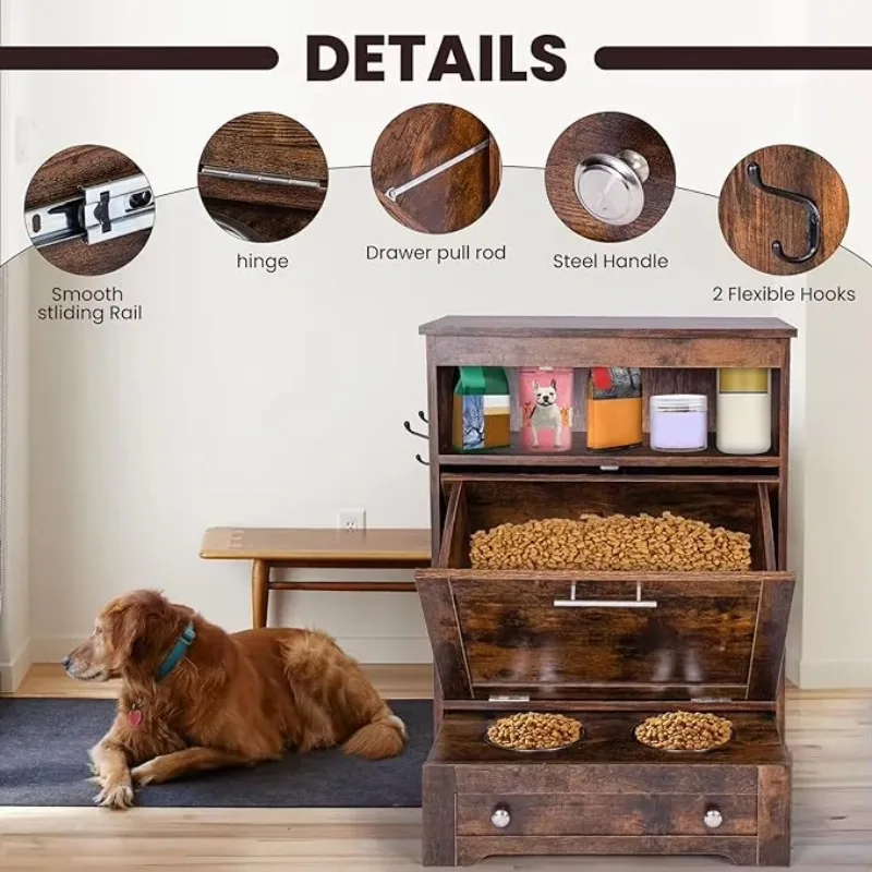 Modern Pet Feeder Station: Elevated Dog Food Storage Cabinet with Raised Bowls and Pull-Out Design