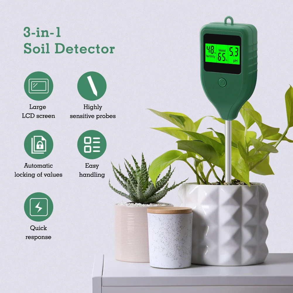 3-in-1 Soil Tester Fertility Humidity PH Meter Digital LCD Backlit Moisture Acidity Sensor for Outdoor Plants Gardening Farming