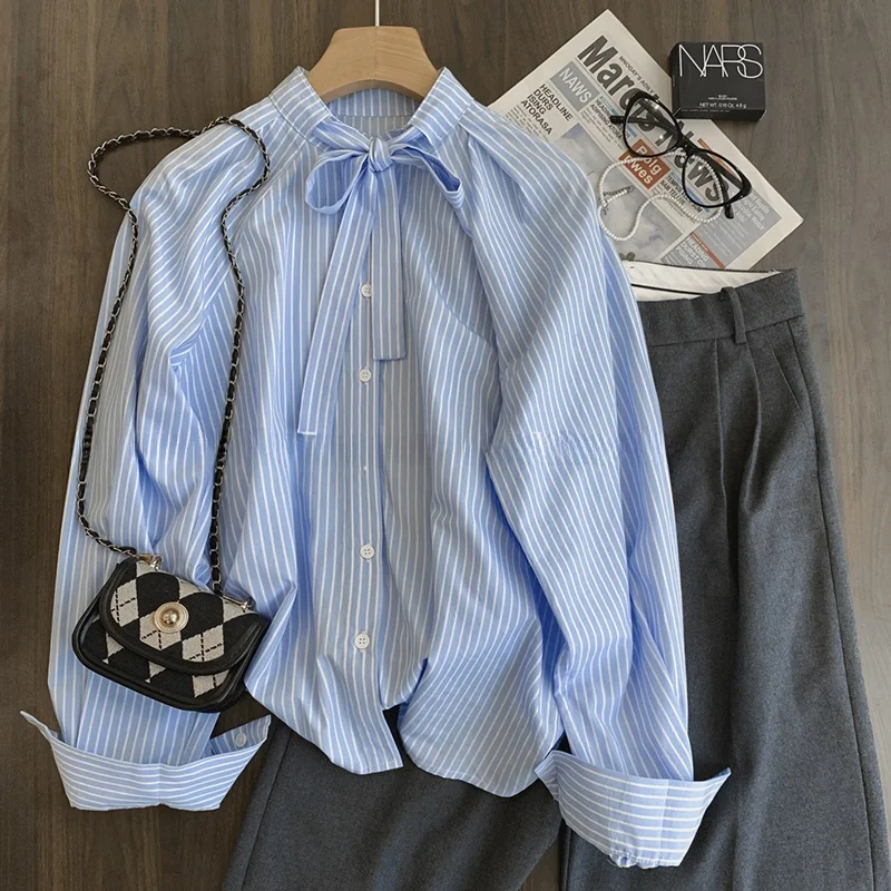 

plus Size 300 Pou Blue Striped Knot Women's irt Spring Summer Autumn Inner Wear Long Sve Loose Fit Ne