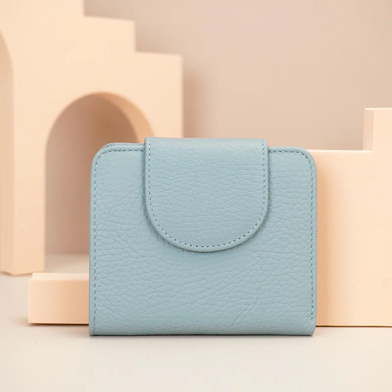 Carteira curta de couro genuíno, zíper com fivela feminina, porta-cartões dobrável, carteira feminina multifuncional