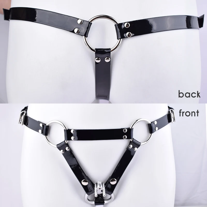 FRRK Triangle Male Chastity Belt with 167 Cock Cage Sexy Suits Shiny Black Harness Penis Display BDSM Sex Toys Shop