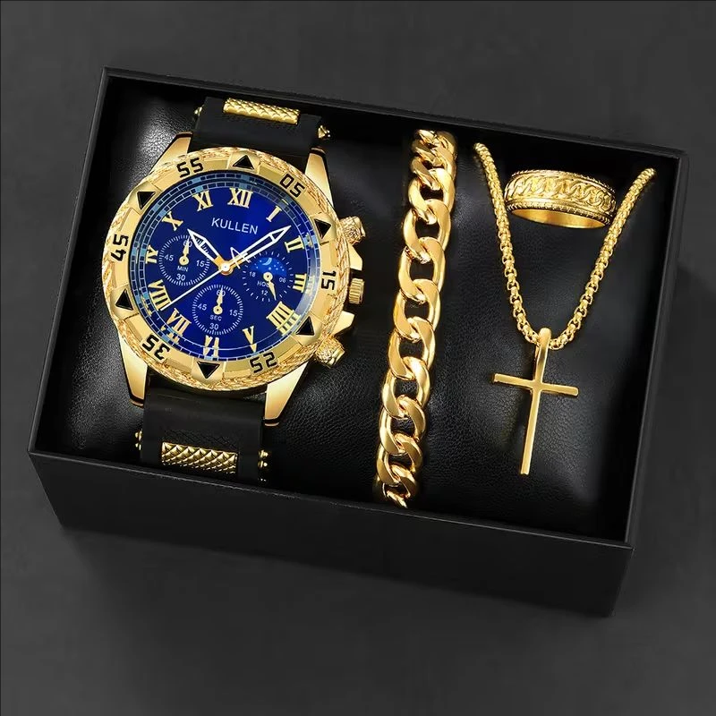 4pcs/1pcs Luxury Men's Quartz Watch Jewelry Set Fashion Decoration Three Eye Dial Men's Business Watch (No Box)