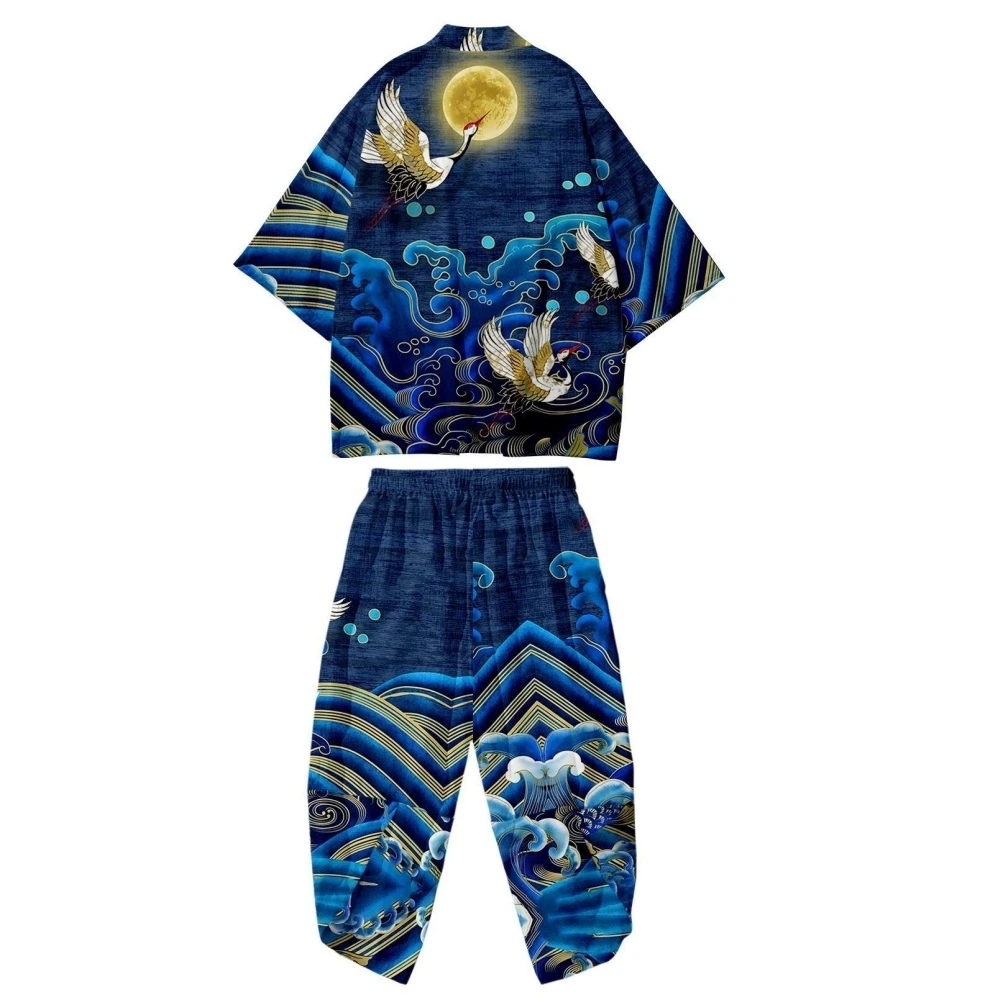 

Japanese Kimono Cardigan Pants Set Print Kanagawa Wave Crane Print Men Women Shirt Tradition Yukata Haori Obi Cosplay Costume