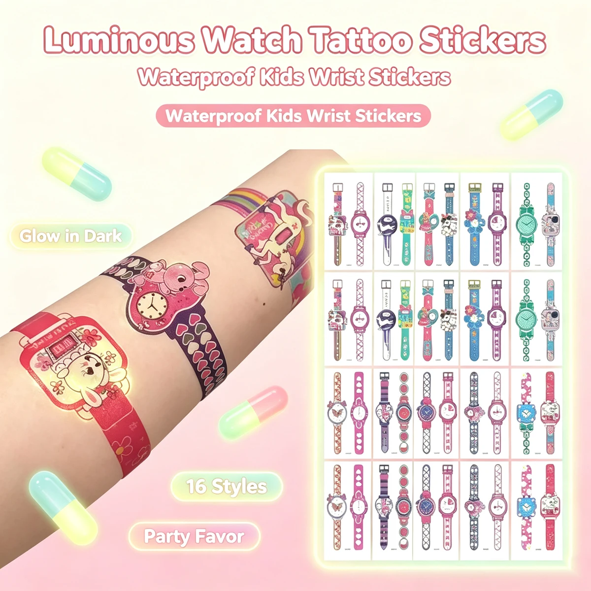 Autocollants de tatouage temporaire lumineux en forme de montre de dessin animé, imperméables, pour la décoration du poignet des enfants, cadeau de fête pour enfants
