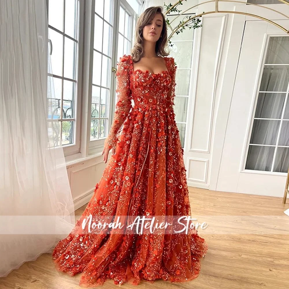 فساتين سهرة فاخرة جديدة ذات ياقة مربعة مزينة باللون الأحمر 2025 للنساء في دبي بأكمام طويلة فستان حفلات المشاهير حسب الطلب