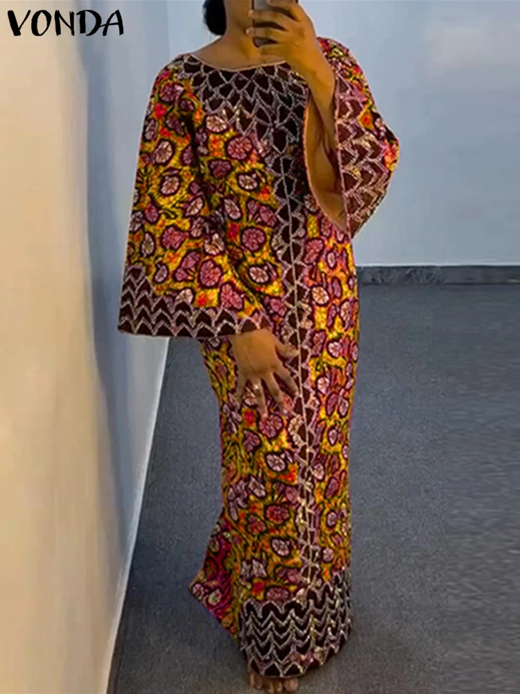 Plus Size VONDA Bohemian Dress 2025 Elegant Women Printing Sundress Vintage Flare Long Sleeve Maxi Vestidos O-Neck Robe Femme