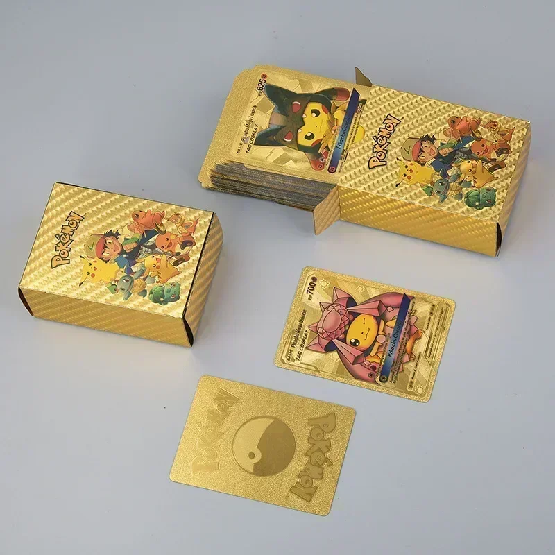 110PCS Gold Foil Original Pokemon Cards Non-repeating Pikachu Anime Cards English Spanish German Pokemon Cards Party Games Gift