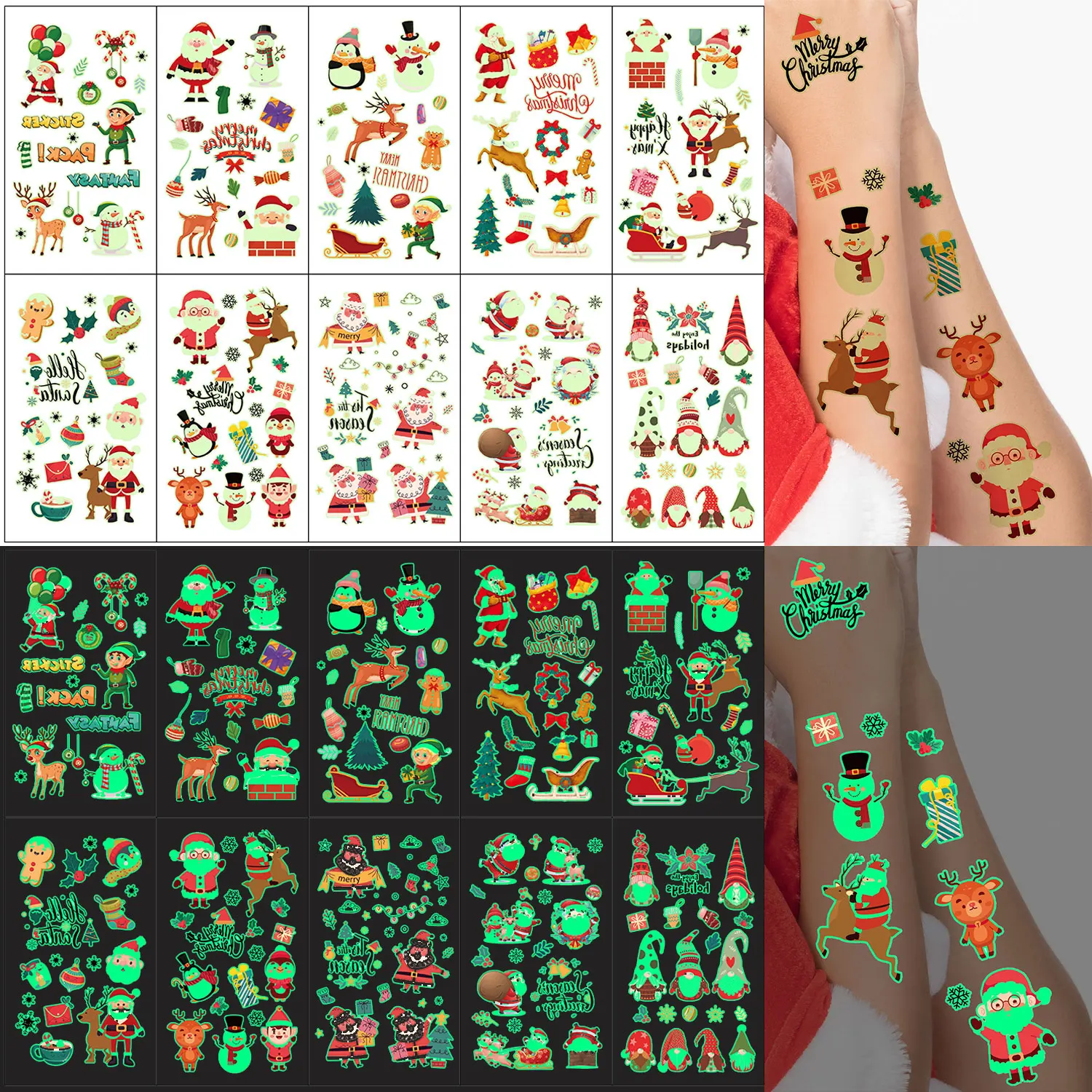 

10 Christmas Series Tattoo Stickers That Glow in the Dark, Luminous Temporary Tattoos, 148 Cartoon Santa Claus Elk Christmas Tree Snowman Christmas Decoration Element Patterns, Christmas Decoration Waterproof Art Stickers, Waterproof and Sustainable for 2