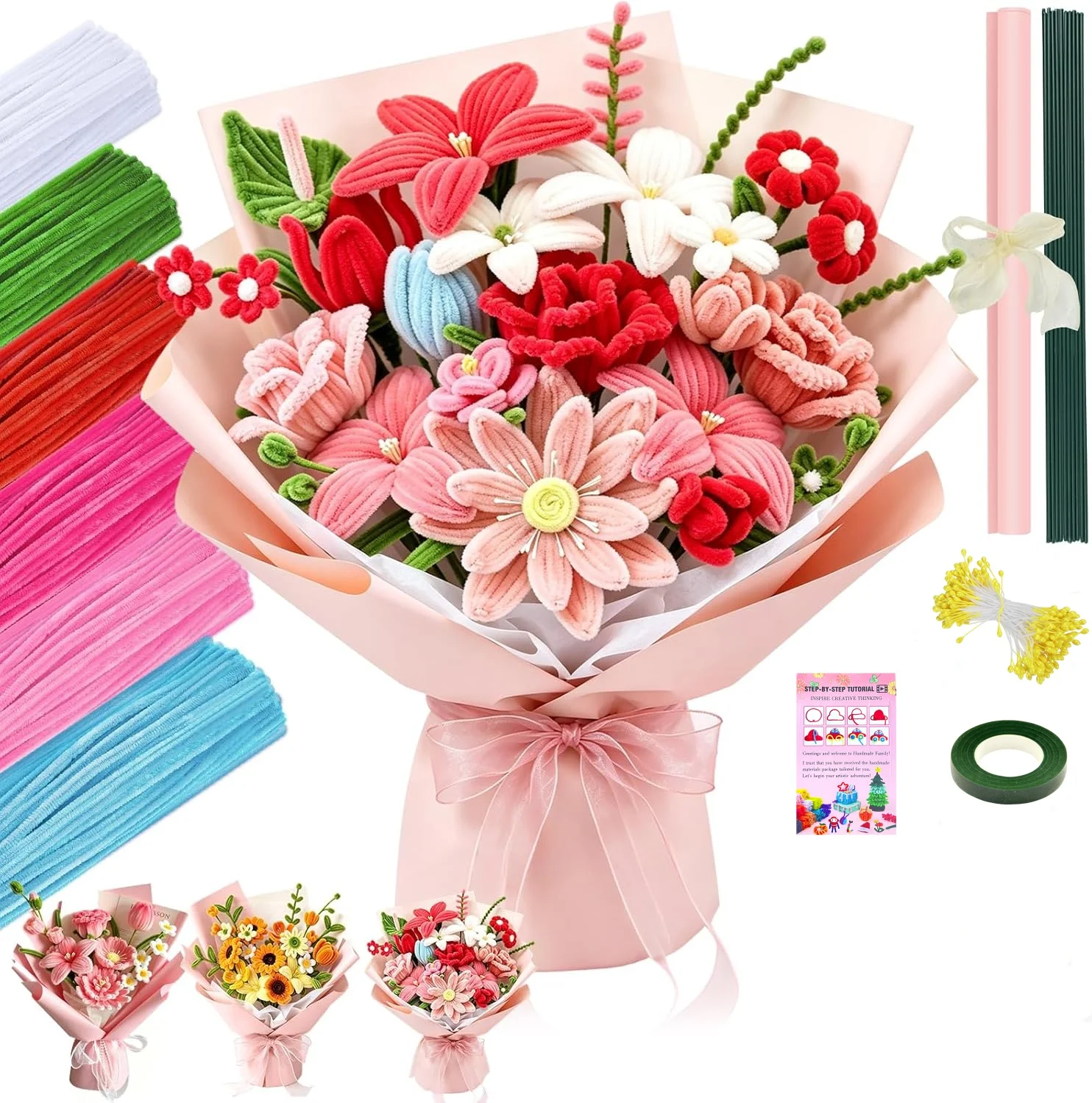 300PCS Pipe Cleaner Flower Kit with1 pc Instruction,1pc Wrapping paper, 20pcs Flower stems,1pc Tape, 150pcs Stamens