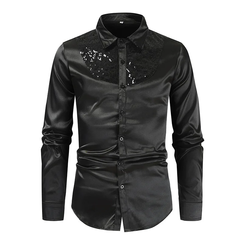 2023  Autumn Dress New Fashion Contrast Color Sequins Disco Shirt Men's Performance Dress Long Sleeve Shirt Men's Shirts for Men