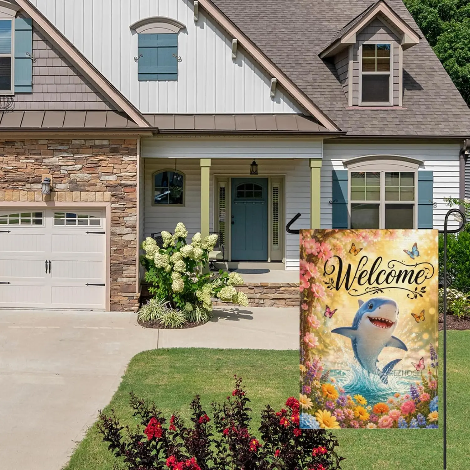 Spring Summer Happy Shark Welcome Garden Flag 28x40 Inch,Cute Animal Outdoor Home Yard Decor,Double Sided Floral Butterflies AAM