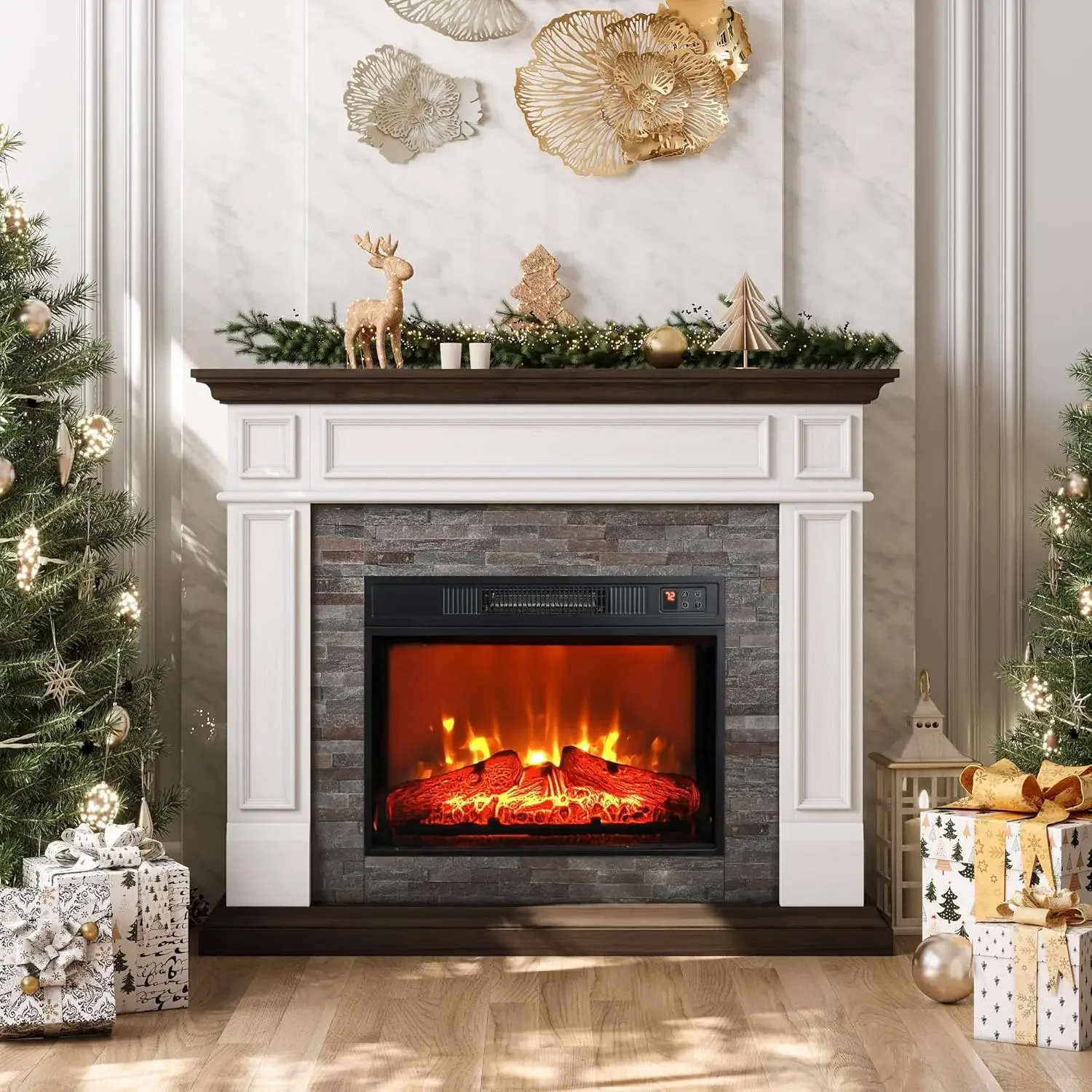 44 Inches Electric Fireplace with Mantel, Portable Freestanding Wood Stove Heater, Realistic 3D Dancing Flame Effect and Stacked