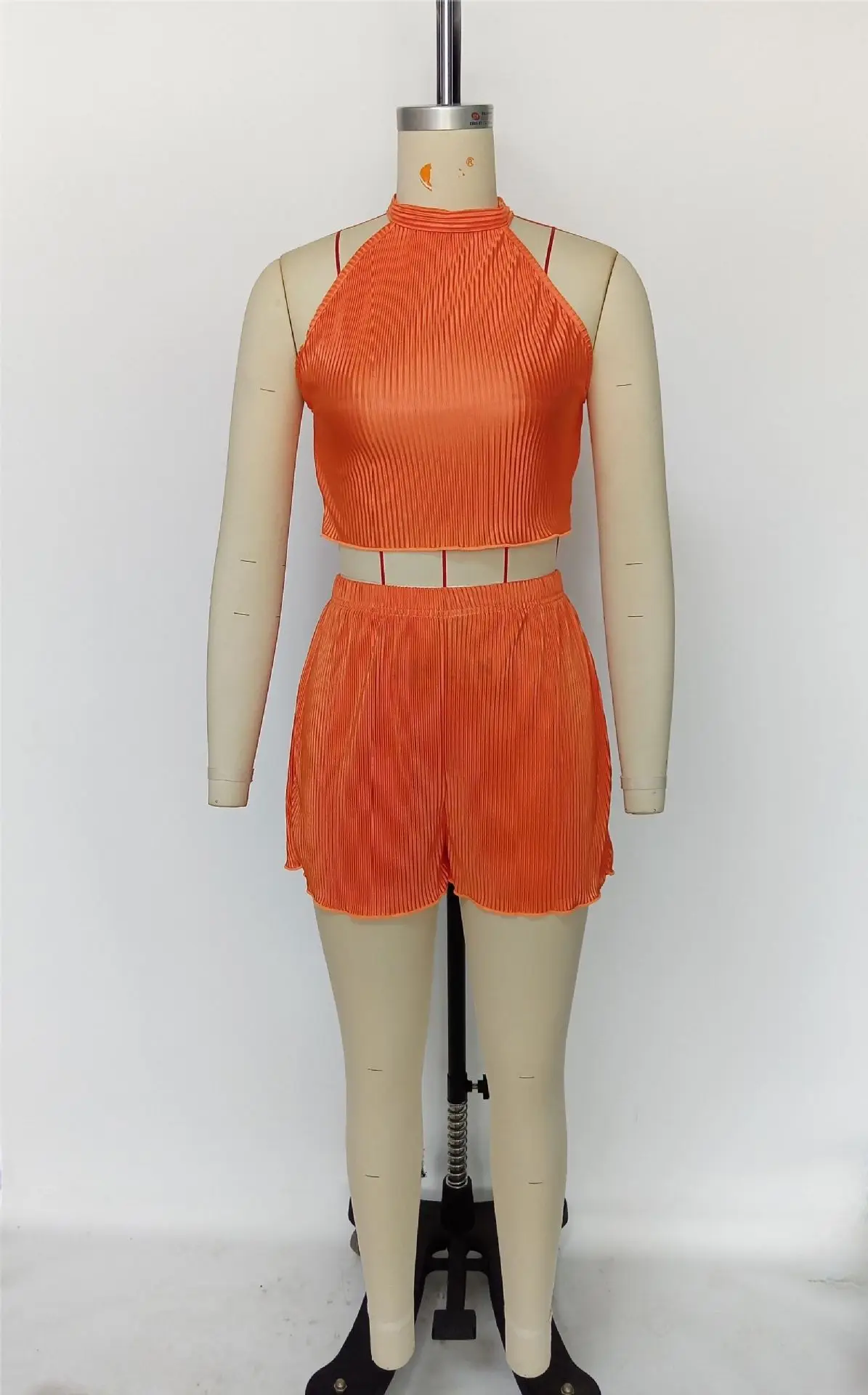 SKMY Clothes For Women Summer Casual Pleated Fabric Sleeveless Vest Crop Tops And Shorts Two Piece Sets Outfits Solid Color