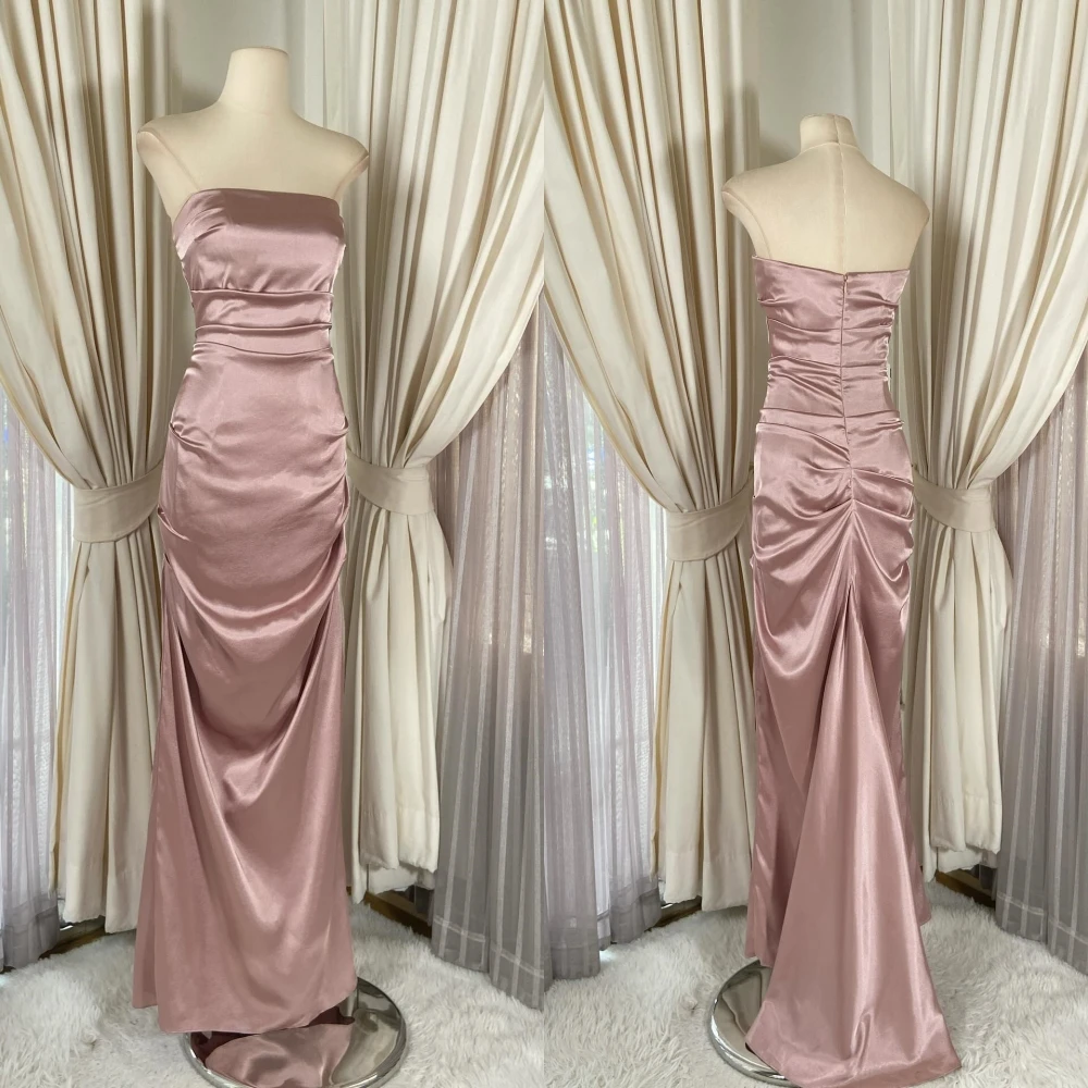 

Customized Delicate pink Satin Evening Dress Elegant Graceful Strapless Sleeveless Homecoming Dress Classic Celebrity Gowns