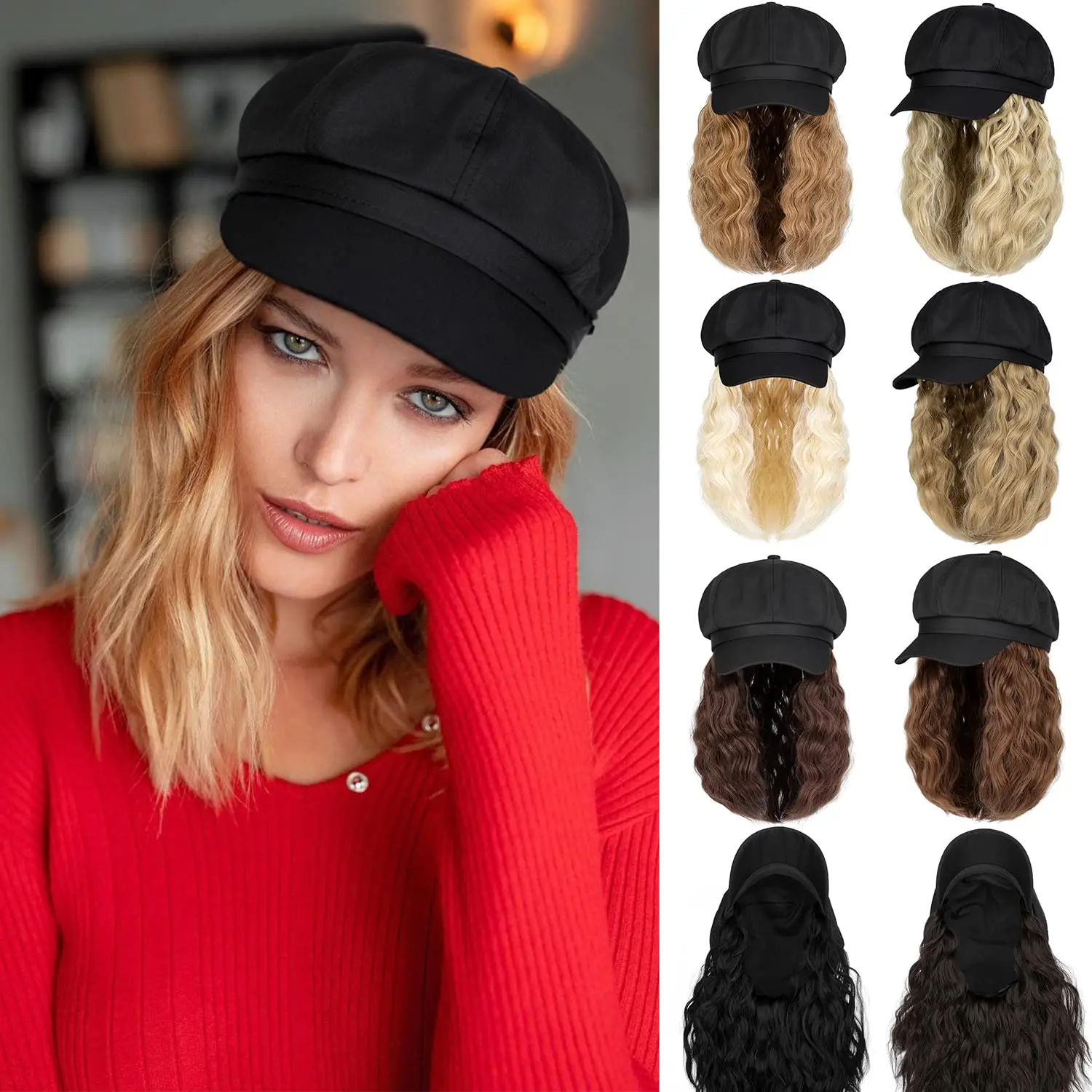 Shangzi Newsboy Cap/hat Wig 10 Inch Wavy Curly Synthetic Wigs Natural Baseball Hat Wigs Hat Attached Synthetic Hair Extensions