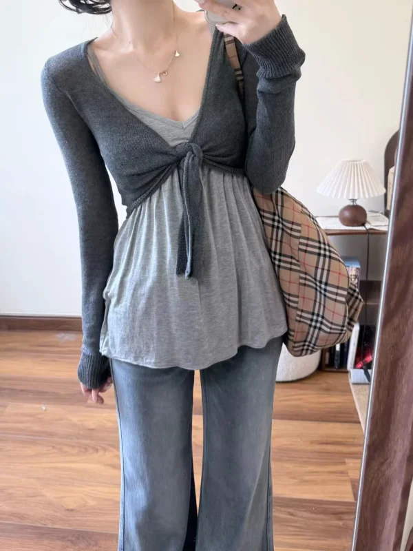 

plus Size Women's Korean Style Casual Layered Strap Vest Short Cardigan Spring 2026 Popular Two-Piece Set Top Casual Outfit