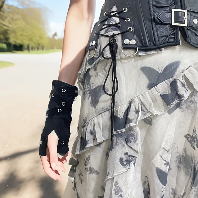 قفازات نصف اصبع داكنة للنساء قفازات قوطية سوداء بدون أصابع بأكمام قصيرة هاراجوكو فتاة حارة فردية متخصصة